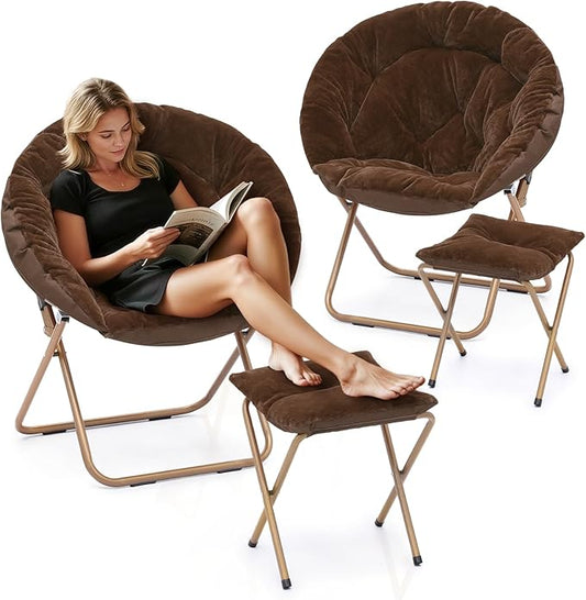 Athena Collection Saucer Chair with Ottoman Comfy Chair for Bed Room Living Room Folding Round Cozy Chair Faux Fur Metal Frame Foldable Lazy Chair Accent Chair Reading Chair Set of 2, Brown