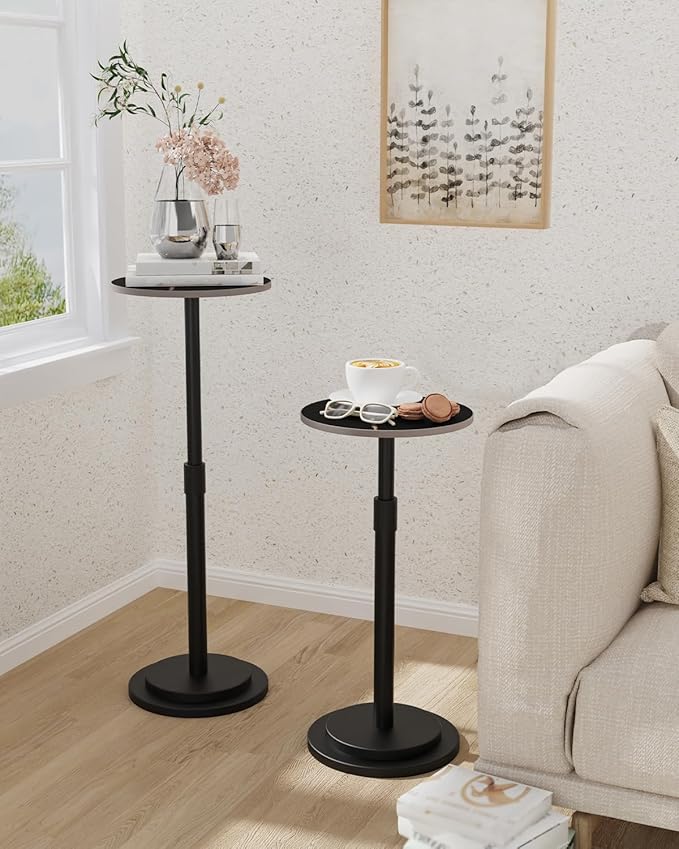 Height Adjustable Drink Table, Vintage Round Indoor Metal Plant Stand, for Small Spaces, Living Room, Bedroom, Cocktail, 1 Pack, Black, GBZ001CB-1