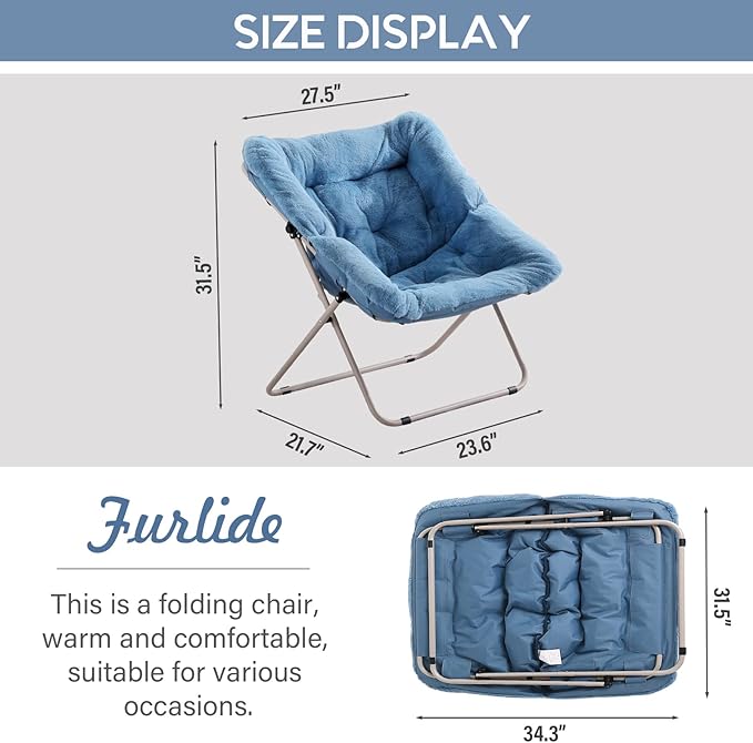 Saucer Chair, Comfy Bedroom Chairs, Oversized Folding Faux Fur Chair, Foldable Metal Frame Chair for Bedroom, Living Room, Balcony, Patio (Blue)