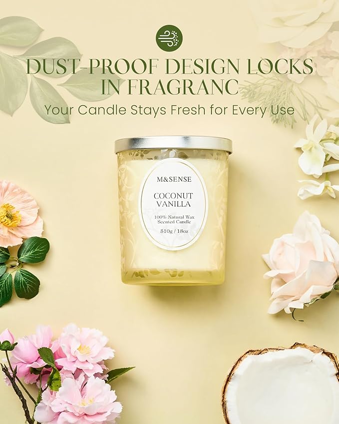 M&SENSE Coconut Vanilla Scented Candle, Cracking Wooden Wick Soy Wax, 18oz 100 Hours Long Lasting Clean Burn, Large Jar Candles for Home Decor, Non-Toxic Relaxing Aromatherapy Gifts for Women