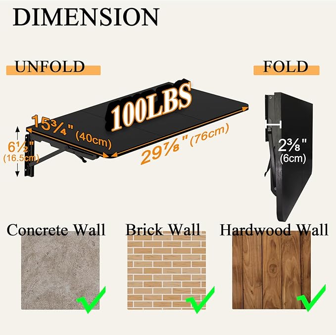 TEAMIX Wall Mounted Desk, Folding Table for Small Spaces, Wall Floating Desk with Heavy Duty Brackets for Laundry Room,Kitchen,Office Storage