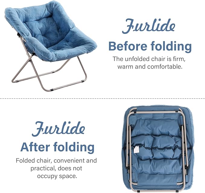 Saucer Chair, Comfy Bedroom Chairs, Oversized Folding Faux Fur Chair, Foldable Metal Frame Chair for Bedroom, Living Room, Balcony, Patio (Blue)