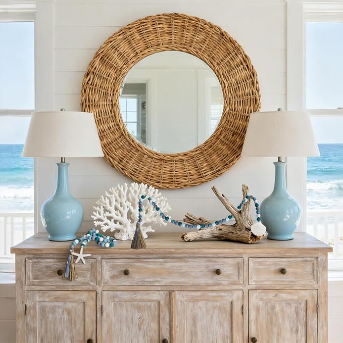 4 Pack Farmhouse Wood Bead Garland with Tassels, 39 in Rustic Boho Bead with Seashell Tag, Handmade Coastal Garland Beads for Tiered Tray, Wall Hanging, Wedding, Home Decor