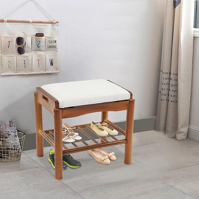 Eapmic Shoe Bench with Cushion, 2-Tier Bamboo Shoe Rack Bench, Entryway Shoe Storage Organizer with Compartment, Wooden Shoe Storage Bench for Hallway, Living Room, Closet, Bedroom (Walnut Color)