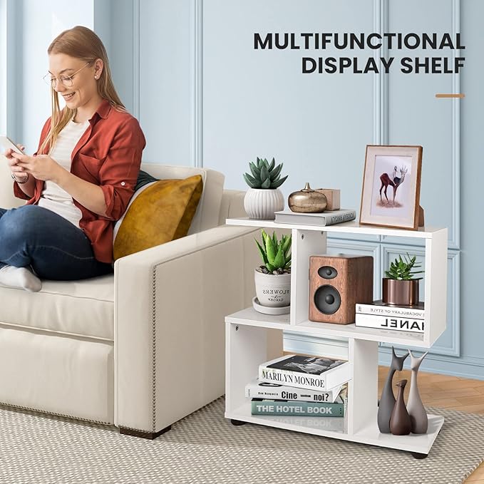 Giantex 3-Tier Geometric Bookshelf, 24’’ Tall Wood S-Shaped Display Shelves with Thick Foot Pads, Freestanding Open Shelves Nightstand, Floor Standing Display Shelf Bookcase