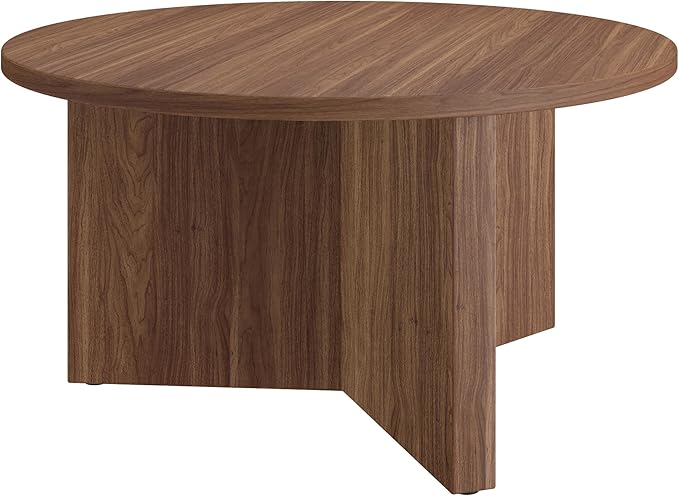 Henn&Hart 32" Round Wood Pedestal Coffee Table for Living Room, Family Room, Office, or Apartment, Satin Walnut