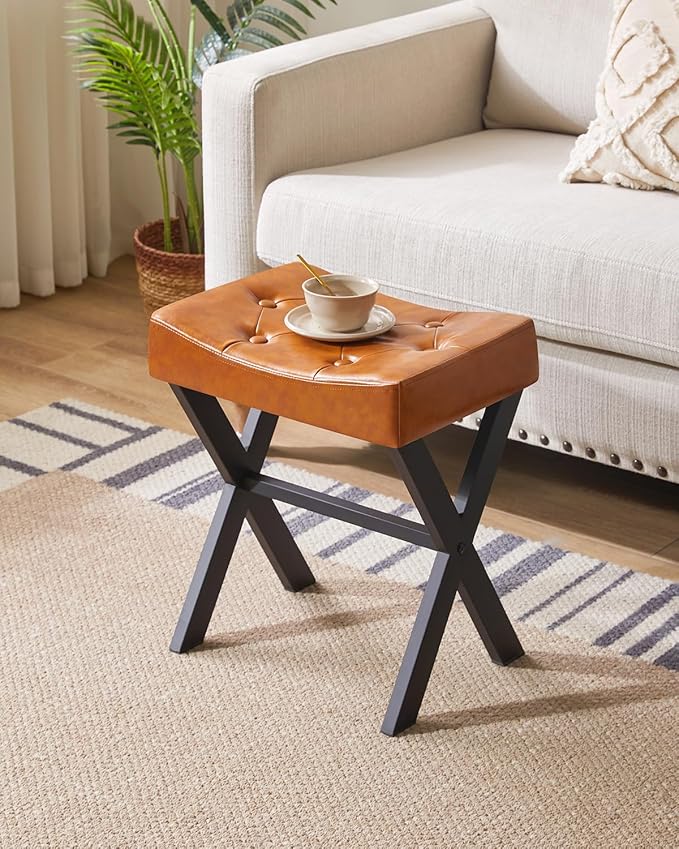 IBUYKE U-Shaped PU Vanity Stool, Square Makeup Chair with X-Leg, Ottoman Seat Footrest Stool, Multi-Use as Small Side Table, for Bedroom, Living Room, Light Brown WBD019J