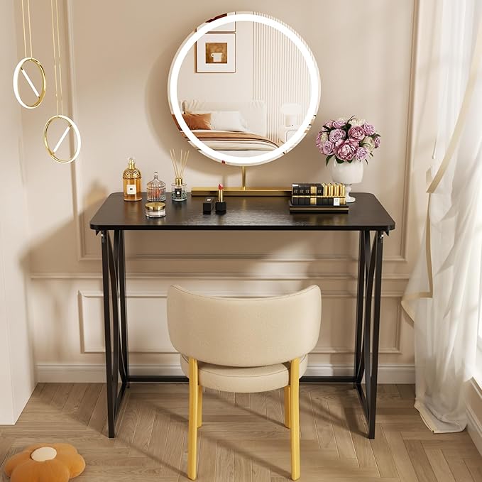 Folding Desk, 31.5" Small Desk for Bedroom, Space Saving Foldable Computer Desk for Home Office, Easy Assembly, Black