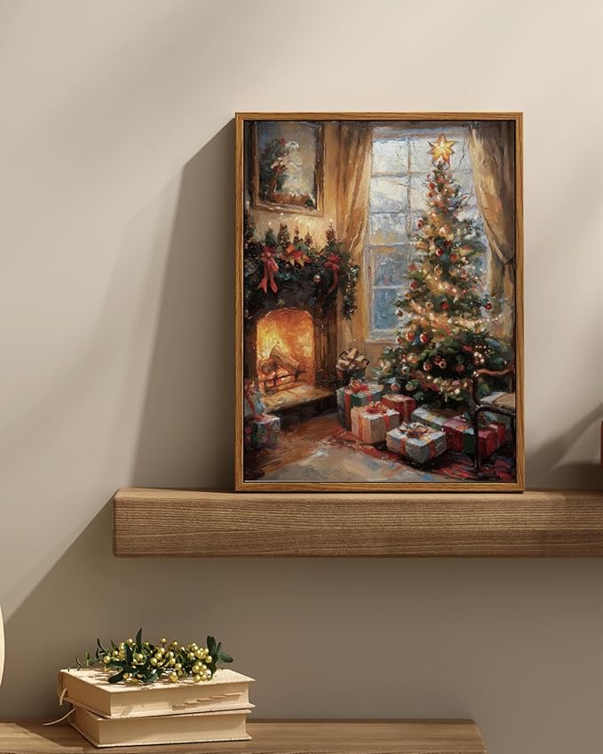 InSimSea Framed Canvas Wall Art, Vintage Christmas Tree Decor, Living Room Pine Tree Decorations, Winter Cottagecore Decor for Bedroom Bathroom, Xmas Holiday Decorations Gifts, 12x16 Inch