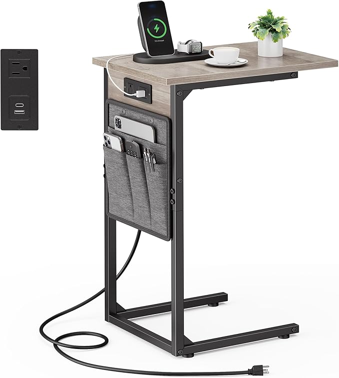 Vagusicc C Shaped End Table with Charging Station, Tall Side Table for Couch, Small Couch Side Table Recliner Tables, Slide Under Sofa Table TV Tray Arm Tables for Living Room, Bedroom, Bedside, Gray