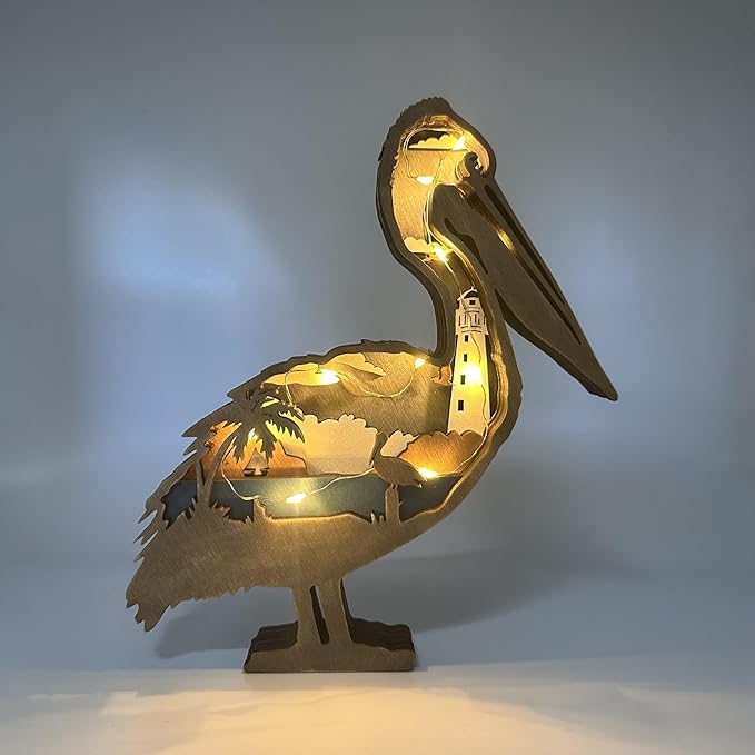 3D Wooden Carving Animals Lamp - Creative Fox Squirrel Wood Carved LED Night Light Garden Yard Wooden Animals Sculpture Ornaments Desktop Home Decor Birthday Gifts for Family Friend (Pelicans)