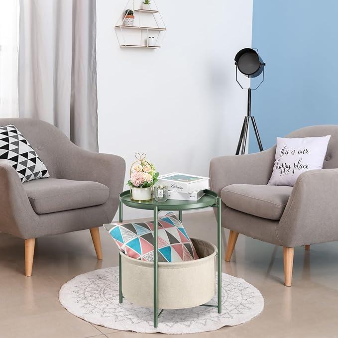 danpinera Round Side Table with Fabric Storage Basket, Metal Side Table Small Bedside Nightstand with Removable Tray for Living Room, Bedroom, Nursery, Dark Green