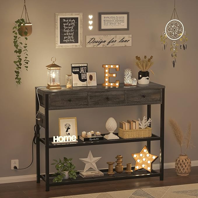Ecoprsio 47'' Entryway Table with Outlets and USB Ports, Console Table with 3 Drawers, Sofa Table Narrow Long with Storage Shelves for Living Room, Couch, Hallway, Foyer, Kitchen Counter, Grey