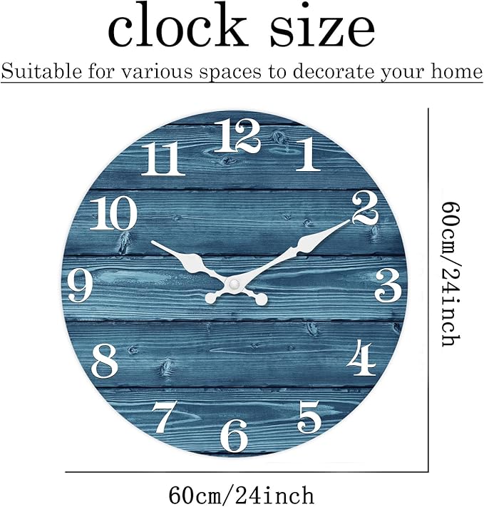 XFM Blue Wall Clock 24 Inch Farmhouse Wall Clocks Battery Operated Large Rustic Wall Clock Wood Silent Wall Clocks for Living Room Bedroom Home Office