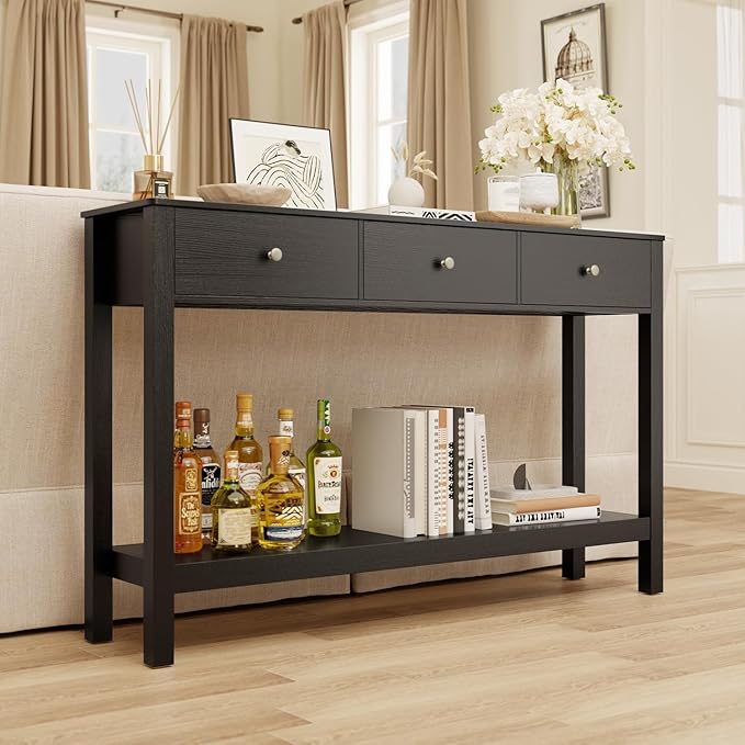 Gizoon 3 Drawer Wooden Sofa Table with Open Shelf, Modern Accent Console Table with Metal Round Handles, Large Storage Space, for Living Room, Front Hall, Entrance Hall, Study Room, Black
