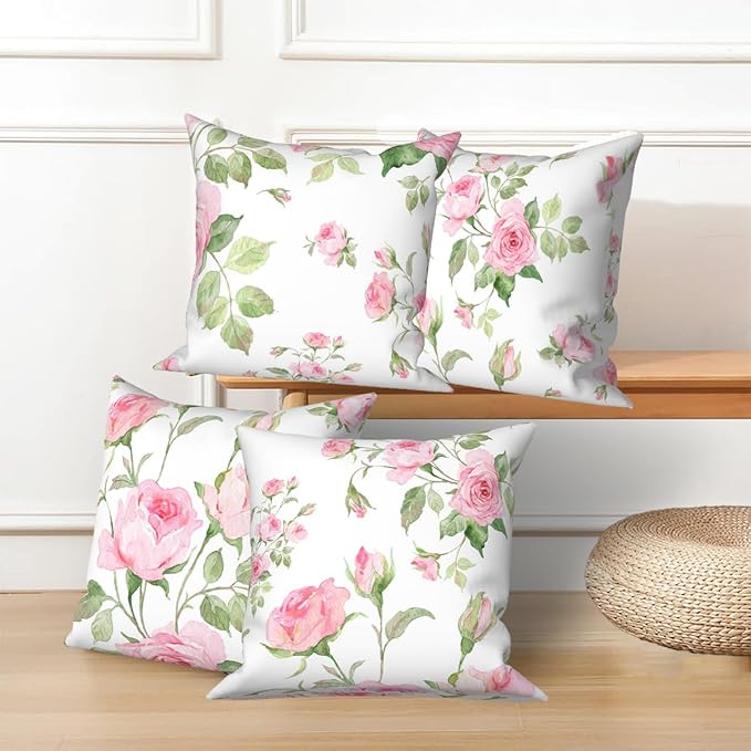 Pink Roses Throw Pillow Covers Set of 4 Blossom Flower Rustic Floral Green Leaves White Romantic Art Design Square Pillowcases for Chair Bed Outdoor Couch Bedroom Patio Farmhouse 24x24Inch