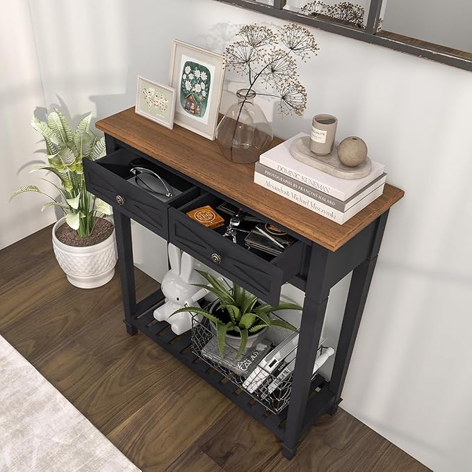 Console Table for Entryway with 2 Drawers, 30 Inch Long Entryway Table w/Open Storage Shelves and Handmade Metal Handle, Narrow Foyer Sofa Table for Living Room, Hallway, Black