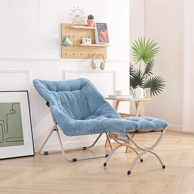 Saucer Chair With Ottoman - Oversized Folding Faux Fur, X-Large Soft Dorm, Foldable Metal Frame for Bedroom, Living Room, Study, Playroom (Blue)