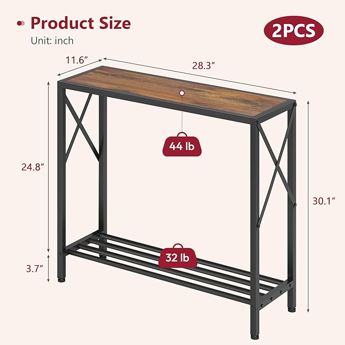 Tajsoon 2 Pack Console Table, 2 Tier Small Hallway Table, Narrow Sofa Table for Entryway with Open Shelves for Living Room, Hallway, Foyer, Office, Rustic Brown