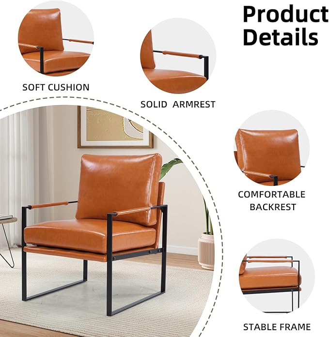 INZOY Mid Century Modern Accent Chair with Removable Cushions Set of 6, Comfy PU Leather Living Room Chairs with Thicker Backrest and Cushion, Metal Frame Design, Brown