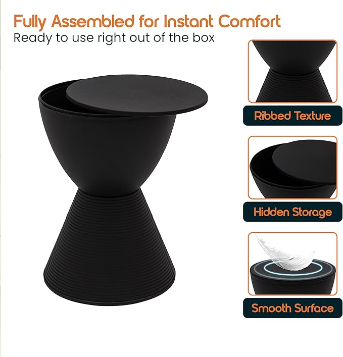 LeisureMod Black Side Table – Modern Hourglass Drum End Table with Storage, Removable Lid – Compact Accent Table for Indoor & Outdoor Use