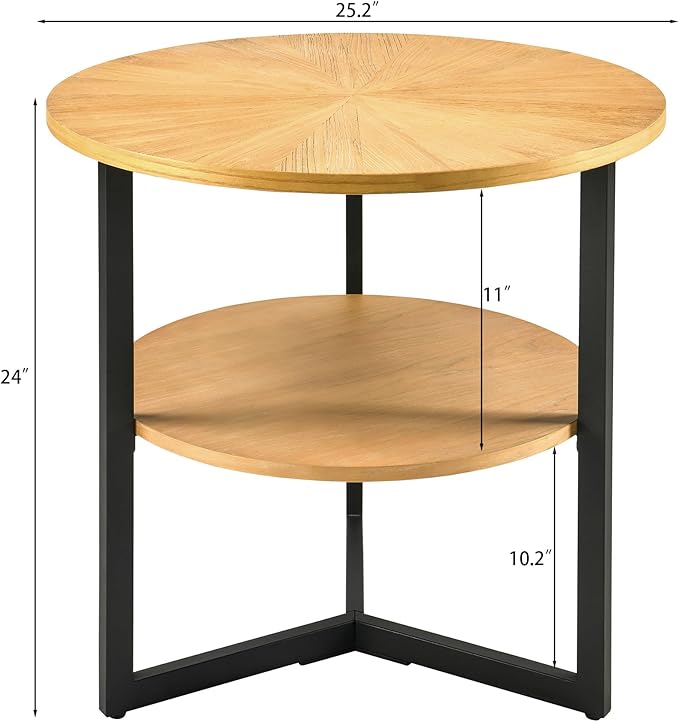 Round End Table with Storage Shelf, 25in Circel Accent Side Table with Metal Legs, 2-Tier Industrial Sofa Side Table for Living Room Bedroom, Oak