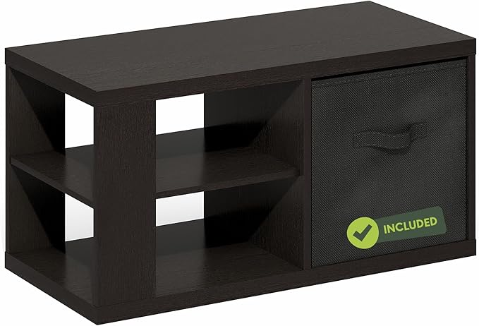 Furinno Viola Coffee Table, 3-Tier Modern Coffee Table with 1.2" Thick Tabletop, Side Table with Open Shelf and Storage Bin, for Living Room, Bedroom, Home Office, Dark Oak