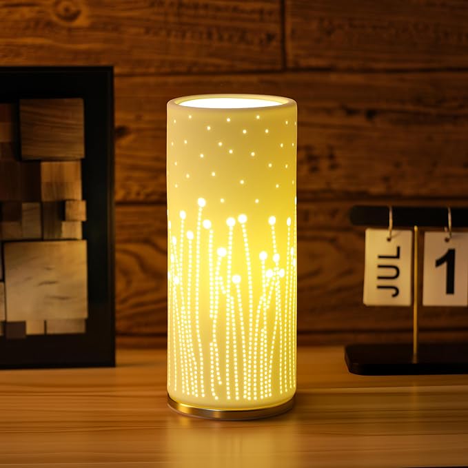 Small Modern Ceramics Bedside Table Lamp, 4.5 x 4.5 x 9.75 Inch White Firework Style Nightstand Lamps, Side Table Lamps for Bedroom Living Room Entryway Table Light