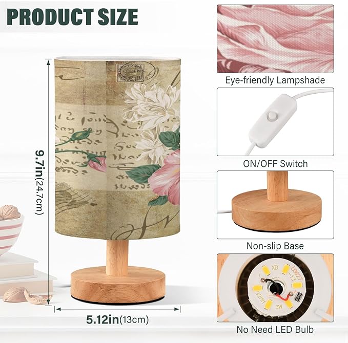 Bolaz Small Table Lamp for Bedroom Vintage Shabby Chic Pink Rose Flowers Table Lamp Nightstand Lamp for Livingroom Office Reading Working Table Desk