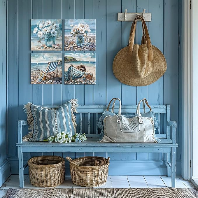 YUEYARIT Bathroom Wall Decor Beach Wall Art Ocean Theme Blue Picture Canvas Print Modern Coastal Artwork Framed Hanging Dining Office Living Room