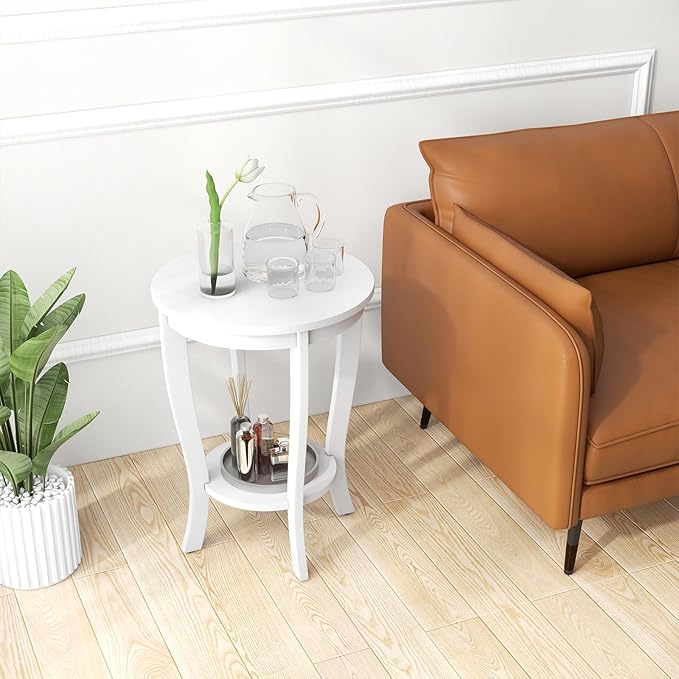 Giantex Round End Table, 2 Tier Side Table with Storage Shelf, Retro Nightstand with Solid Wood Legs, 18" x 18" Accent Table for Corner Small Spaces, Tall Night Stand for Living Room Bedroom, White