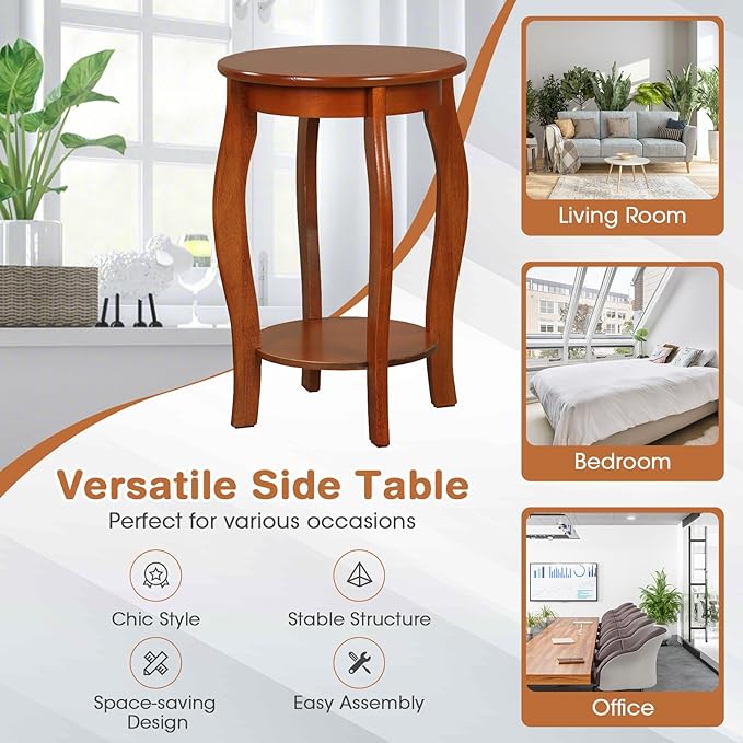 GOFLAME 2-Tier Round End Table, Mid-Century Modern Sofa Side Table with Storage Shelf, Solid Wood Legs, Compact Accent Table, Nightstand for Living Room, Bedroom, Small Space, Walnut