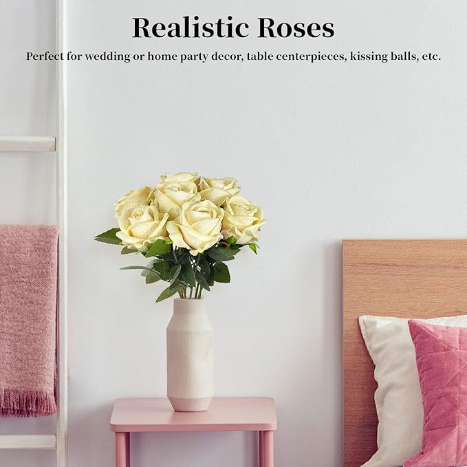 10 PCS Artificial Roses with Long Stems Silk Flowers Realistic Foam Flowers Fake Roses for Valentine's Day Home Wedding Halloween Decor(Champagne)