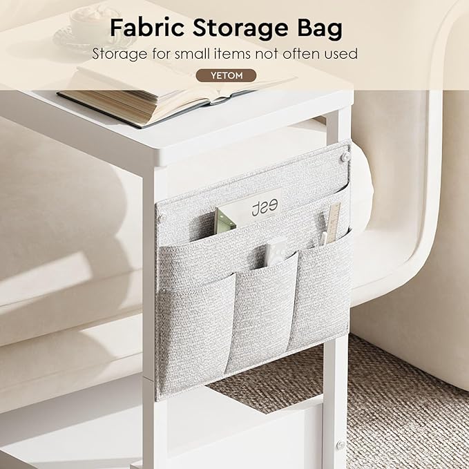 Side Table,C Table with 2-Tier Storage Shelf, End Table with a Storage Bag, Sofa Table with Wheels for Living Room, Bedroom, Office, Bathroom, White