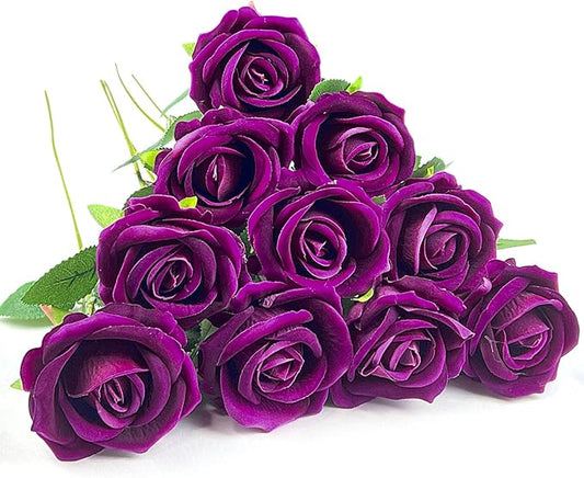 10 PCS Artificial Roses with Long Stems Silk Flowers Realistic Foam Flowers Fake Roses for Valentine's Day Home Wedding Halloween Decor(Rose Purple)