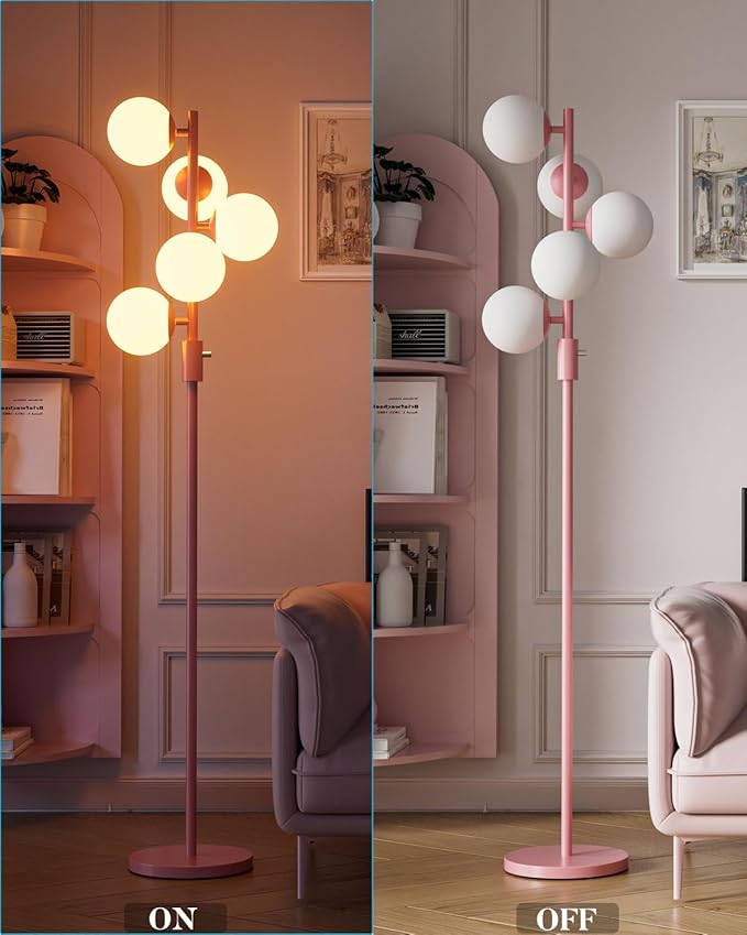 Lightdot Pink Floor Lamp Dimmable (Brightness Adjustable) Globe Retro Standing Lamps with 5PCS 3000K G9 Bulbs, Mid Century Modern Floor Lamp for Living Room Bedroom Home Office
