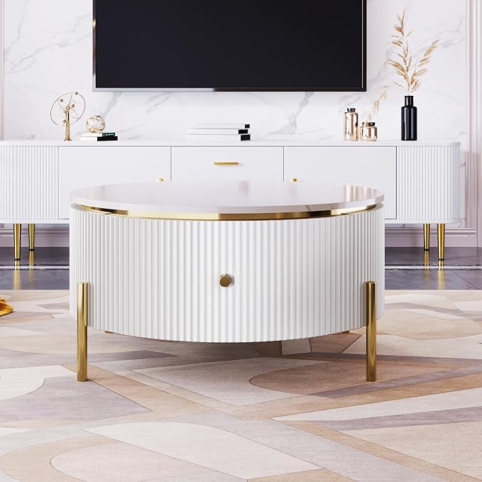 31.5" Round Coffee Table with Storage, Modern Round Coffee Table with 2 Drawers Storage Accent Table Round Black End Table for Living Room,White