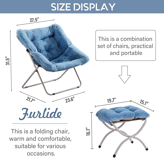 Saucer Chair With Ottoman - Oversized Folding Faux Fur, X-Large Soft Dorm, Foldable Metal Frame for Bedroom, Living Room, Study, Playroom (Blue)