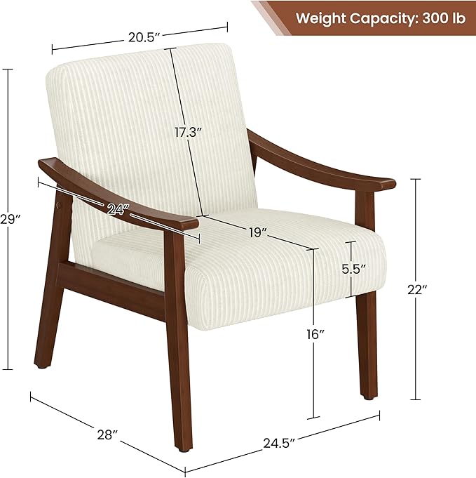 Yaheetech Corduroy Accent Chair, Mid-Century Modern Armchair with Solid Wood Legs, Reading Leisure Chair with High Back for Living Room Bedroom Waiting Room Beige