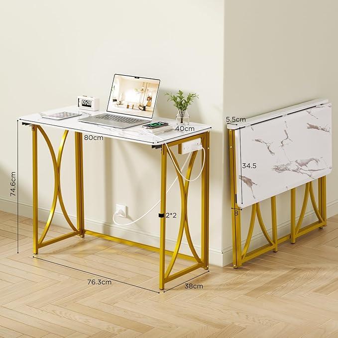 Folding Desk, 31.5" Small Desk for Bedroom with Power Outlet, Space Saving Foldable Computer Desk for Home Office, Easy Assembly, White and Gold