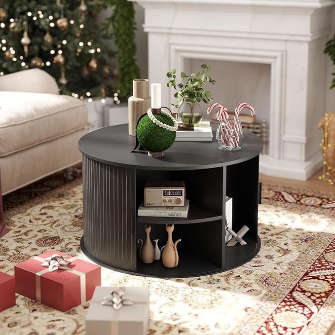 SoarFlash 31.5 Inch Fluted Coffee Table with Storage, Mid Century Modern Round Coffee Table with Shelf, Center Table with Sliding Door and Wood Fluted Handle for Living Room, Black