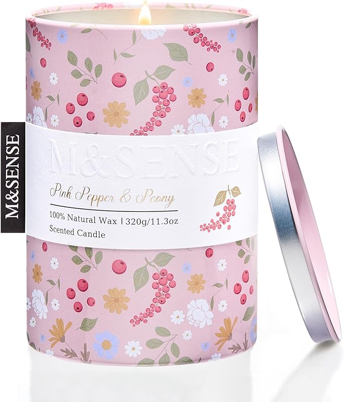 M&SENSE Pink Pepper Peony Scented Candle, Medium Jar Candle 11.3oz Natural Soy Wax for Home Scented, Floral Candles Gift for Spring Holiday, Up to 70 Hours Burning Long-Lasting Fragrance