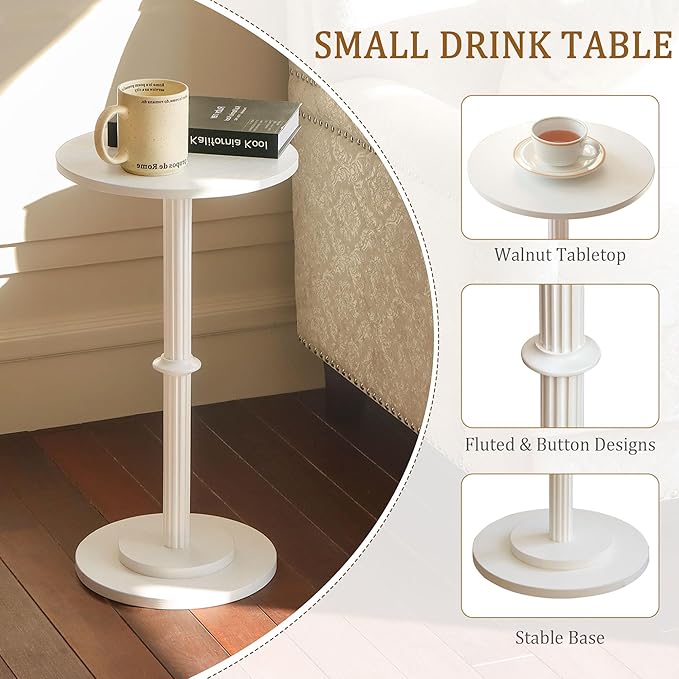 MaxSmeo Drink Table, Small Side Table for Small Spaces, Modern Round End Table with Fluted Wood Leg, White