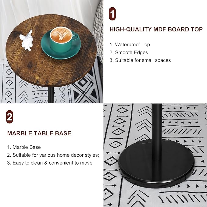 smusei Set of 2 Small Side Table for Small Spaces 2 Packs Drink Table Round Pedestal Side Tables with Marble Base for Sofa Couch Chair Patio, Brown and Black