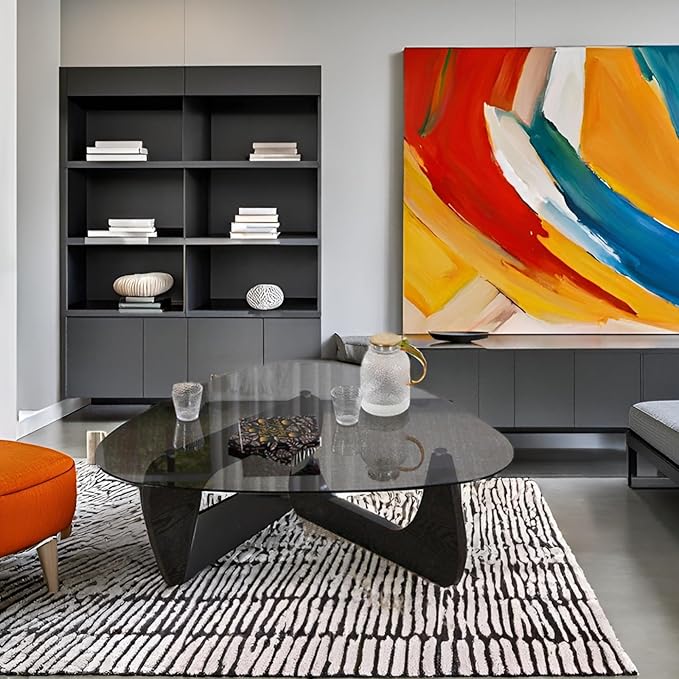 DUOMAY Modern Triangle Glass Coffee Table, 16 Inch High Glass Top Abstract Small End Table with Solid Natural Wood Base, Tea Table Suitable for Living Room, Office, Patio, Apartment, Black Wood