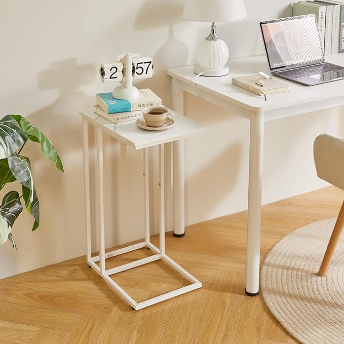 C Shaped End Table Set of 2, Small Side Table for Sofa and Bed, White Bedside Table, Laptop Desk for Couch 16x12x25 inch Faux Marble+White YD-TM051W-2