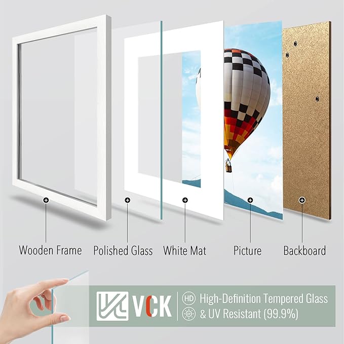 VCK 12x16 Picture Frame Set of 2 - White, Matted to 8x12 or 12x16 without Mat, Textured Exclusive Wooden Photo Frames with HD Glass, Wall Hanging
