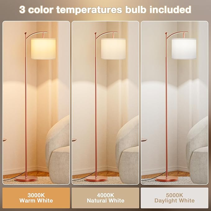 60" Floor Lamp With 3 Color Temperatures, Adjustable White Shade, Rose Gold Pole - Tall Lamp for Living Room, Bedroom, Office, Classroom, Dorm - 9W Bulb Included