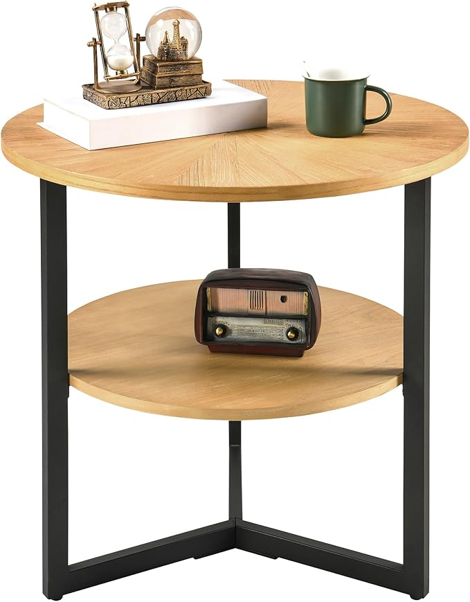 MODERION Round Large End Table with 2 tire Storage Shelf, 25.2” Solid Wood Sofa Side Table with Black Metal Frame, Beside Table for Living Room,Small Space,Natural CJZ1338OA