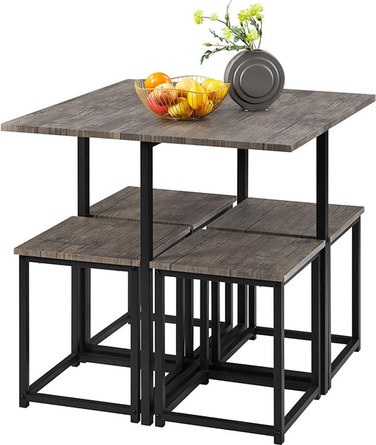 Yaheetech Industrial Dining Table Set for 4 Compact Kitchen Table and 4 Stools, Space-Saving Design for Apartment, Small Space, Breakfast Nook, Drift Brown